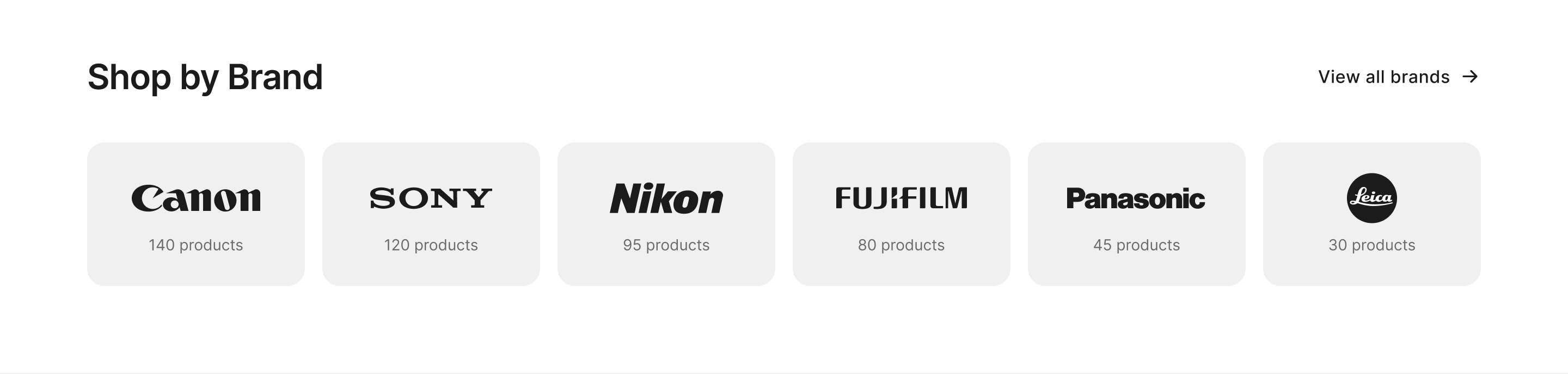 Six brand tiles for Canon, Sony, Nikon, Fujifilm, Panasonic and Leica