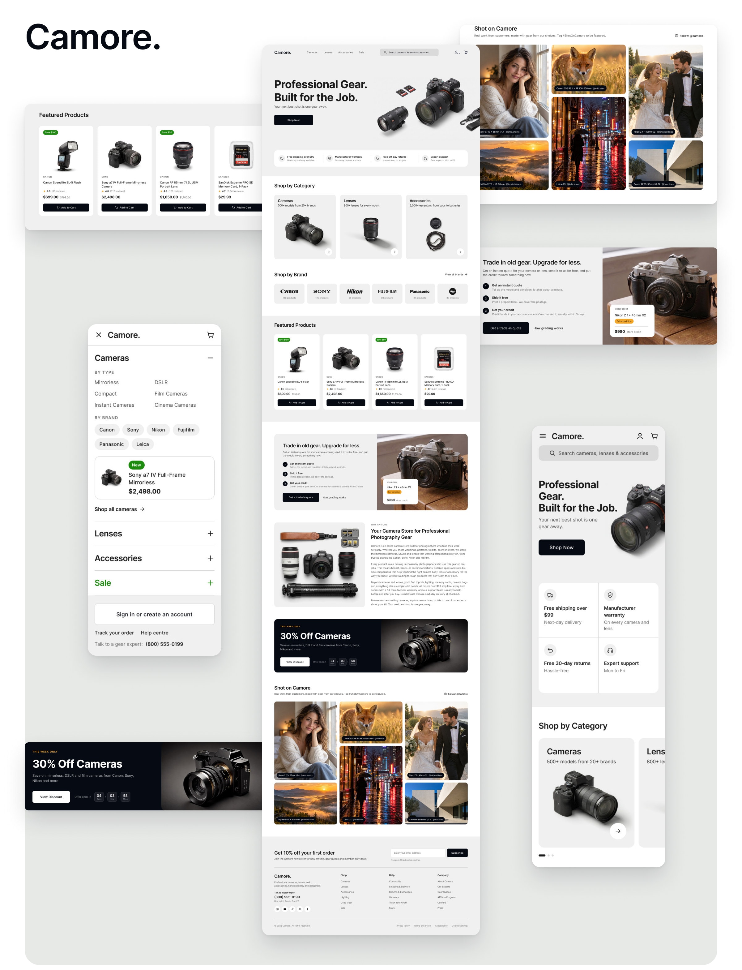 The Camore homepage in full beside lifted-out sections: featured products, the mobile menu drawer, the sale banner, Shot on Camore, the trade-in card and the mobile homepage