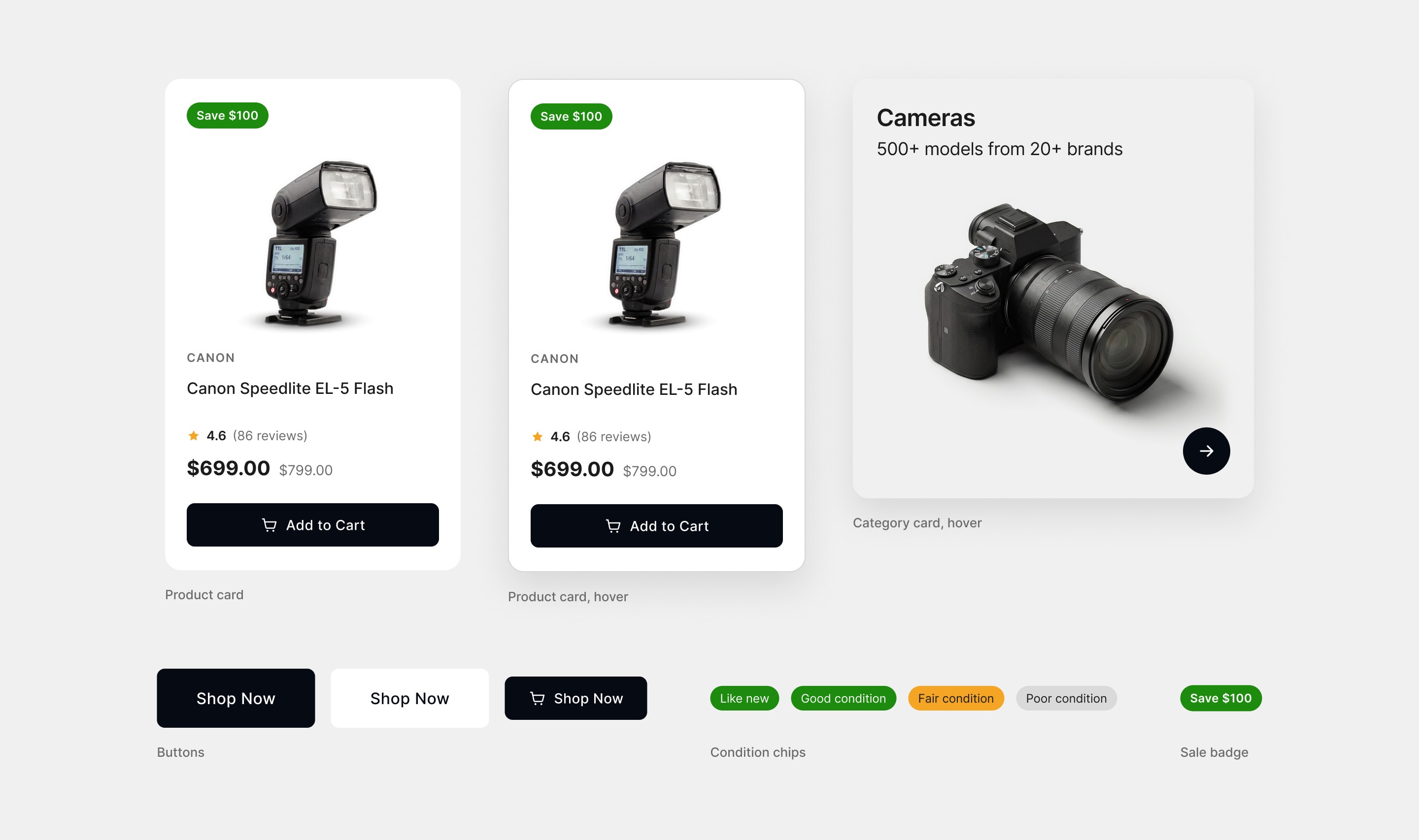 Camore's components: product cards in default and hover states, a category card, buttons, condition chips and a sale badge