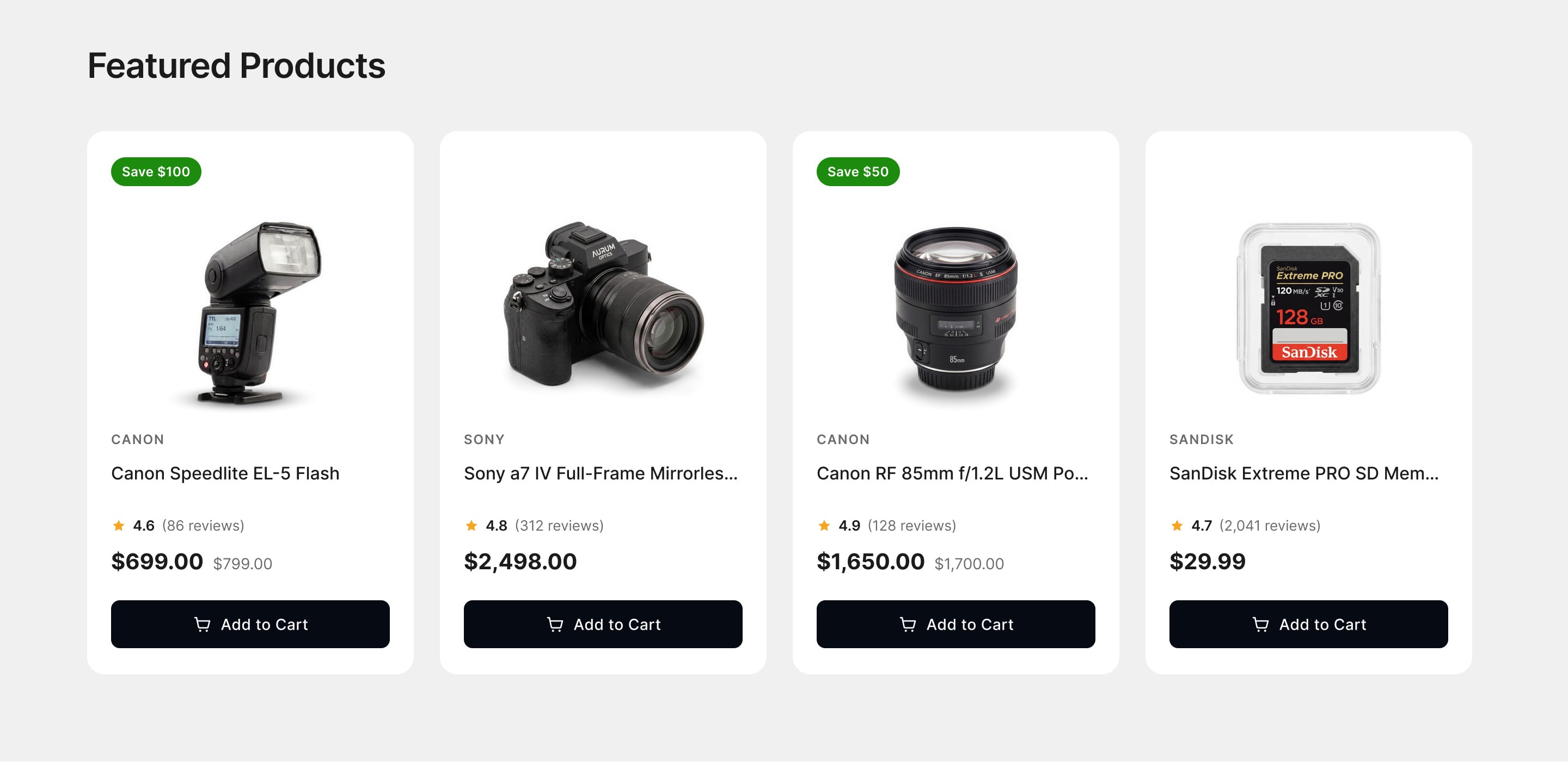 Four featured product cards: a flash, a mirrorless camera, a portrait lens and a memory card