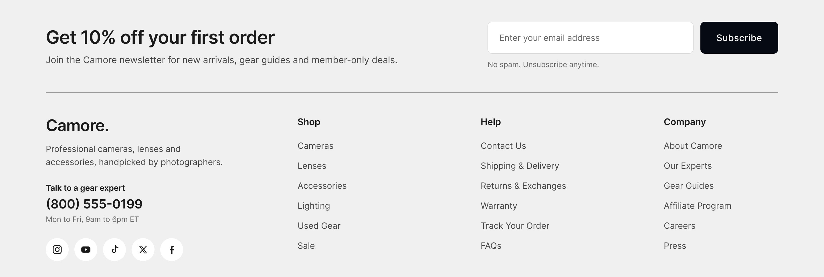 The footer, with a newsletter offer, link columns and a phone number to talk to a gear expert
