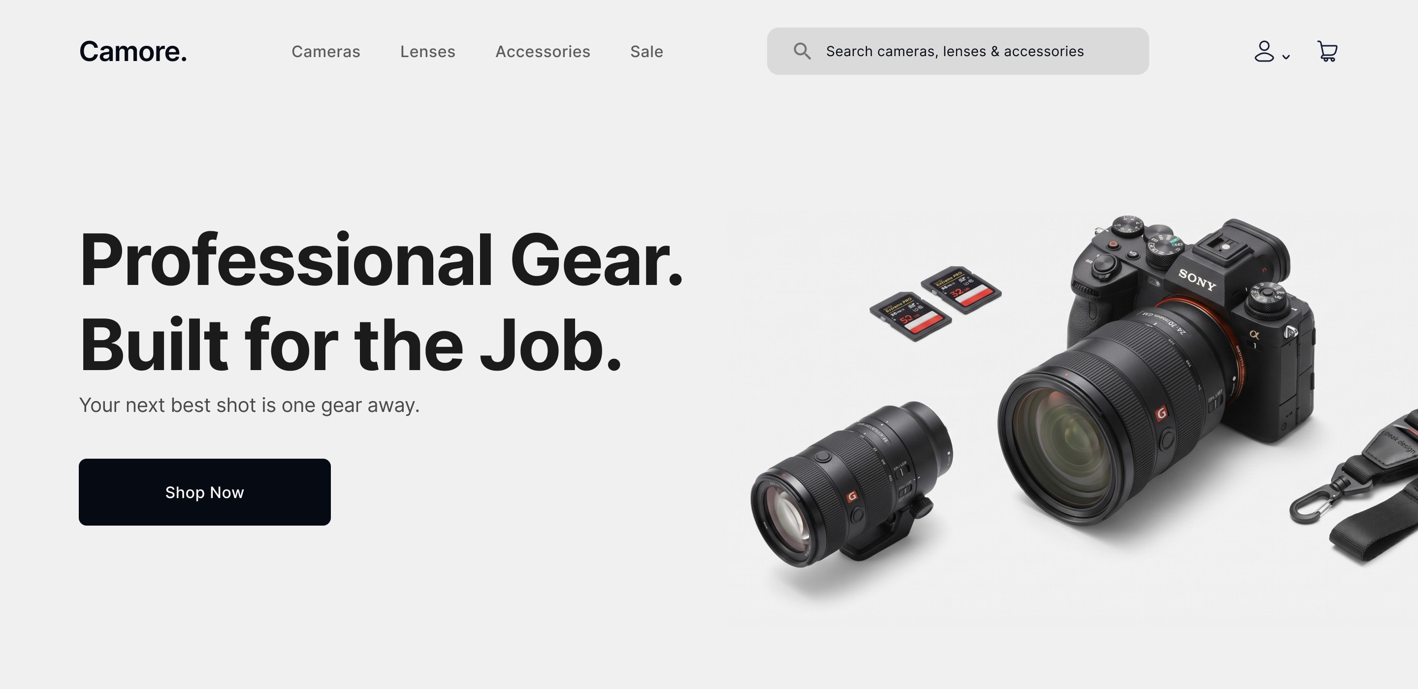The Camore hero: “Professional Gear. Built for the Job.” beside a camera, lens and memory cards