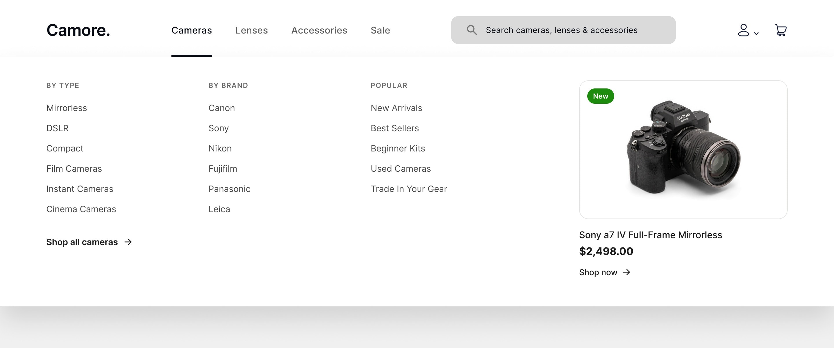 The Cameras mega menu open, with By Type, By Brand and Popular columns and a featured camera