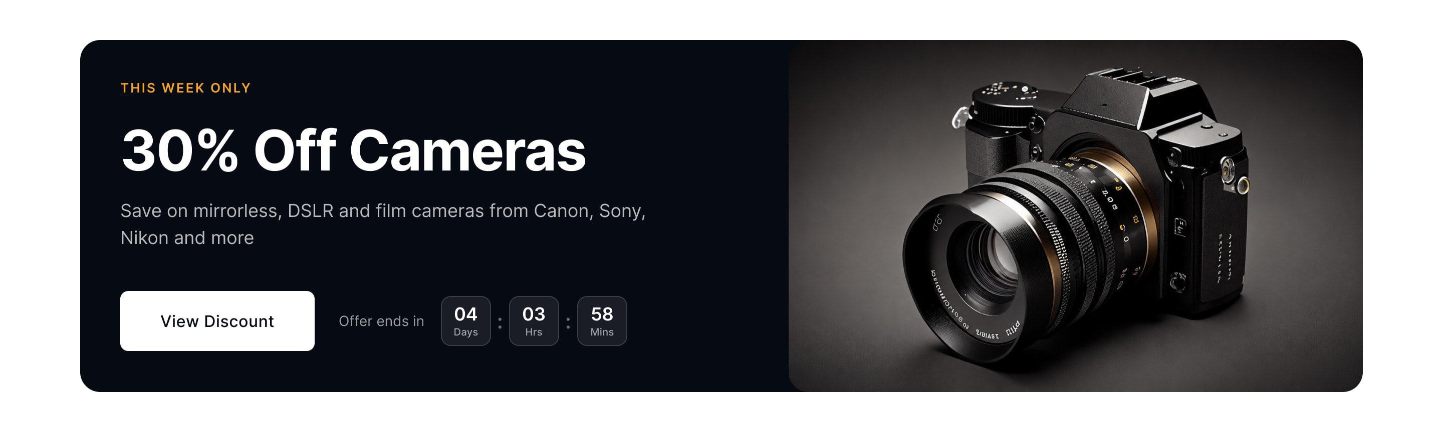 A dark banner for 30% off cameras with a countdown to the end of the offer