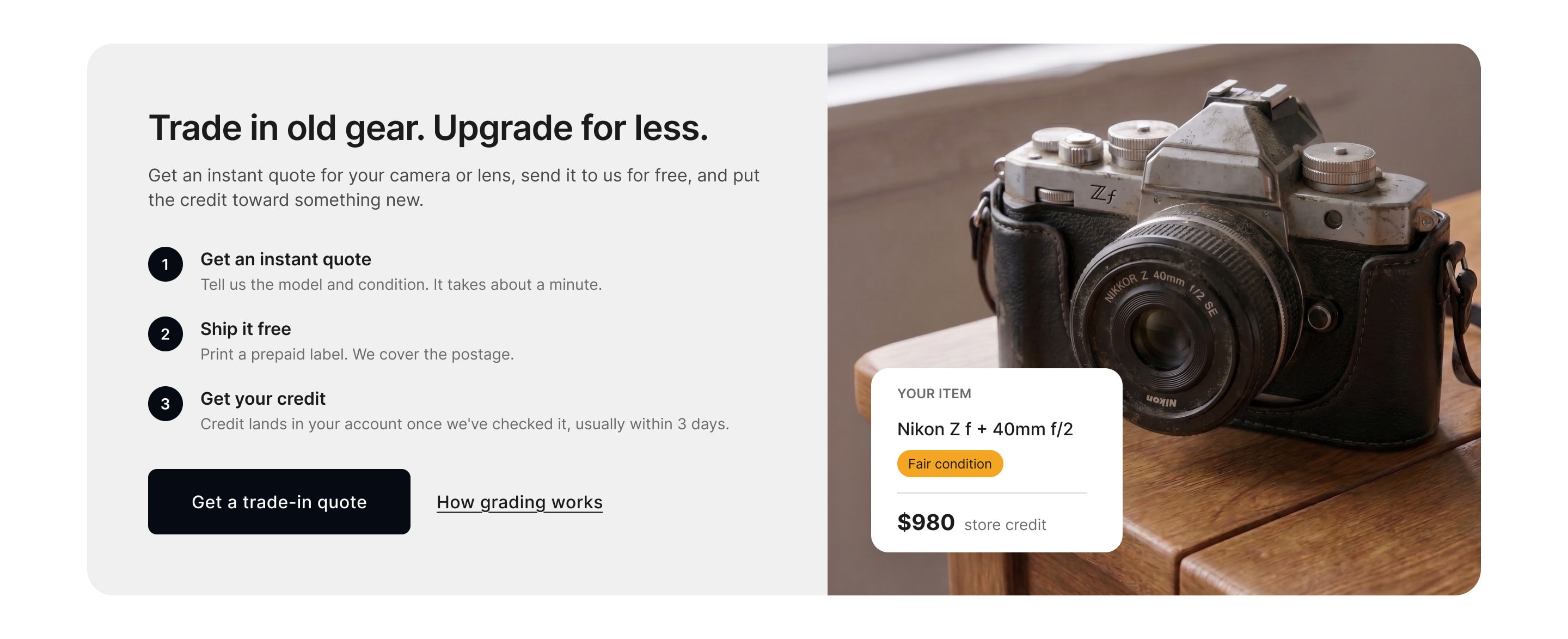 The trade-in section: three steps, a quote button and an example quote for a Nikon Z f