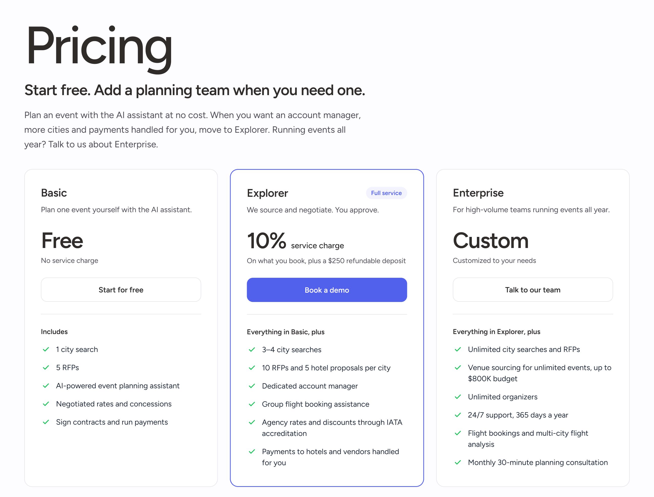 The redesigned hero and plan cards: Basic, Free; Explorer, 10% service charge; Enterprise, Custom, each with one button above its features