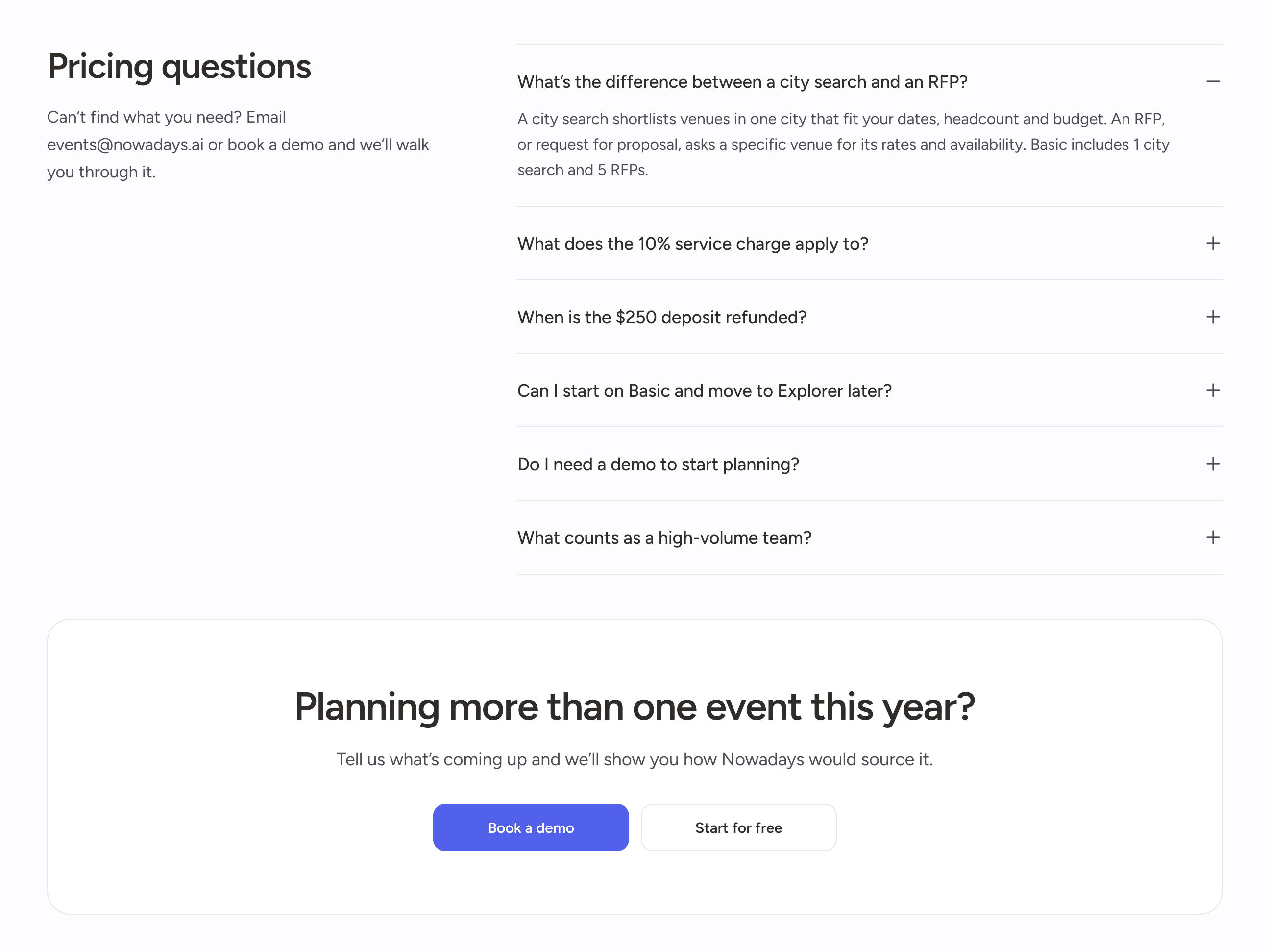 Six pricing questions with the first one open, and a closing card with Book a demo and Start for free