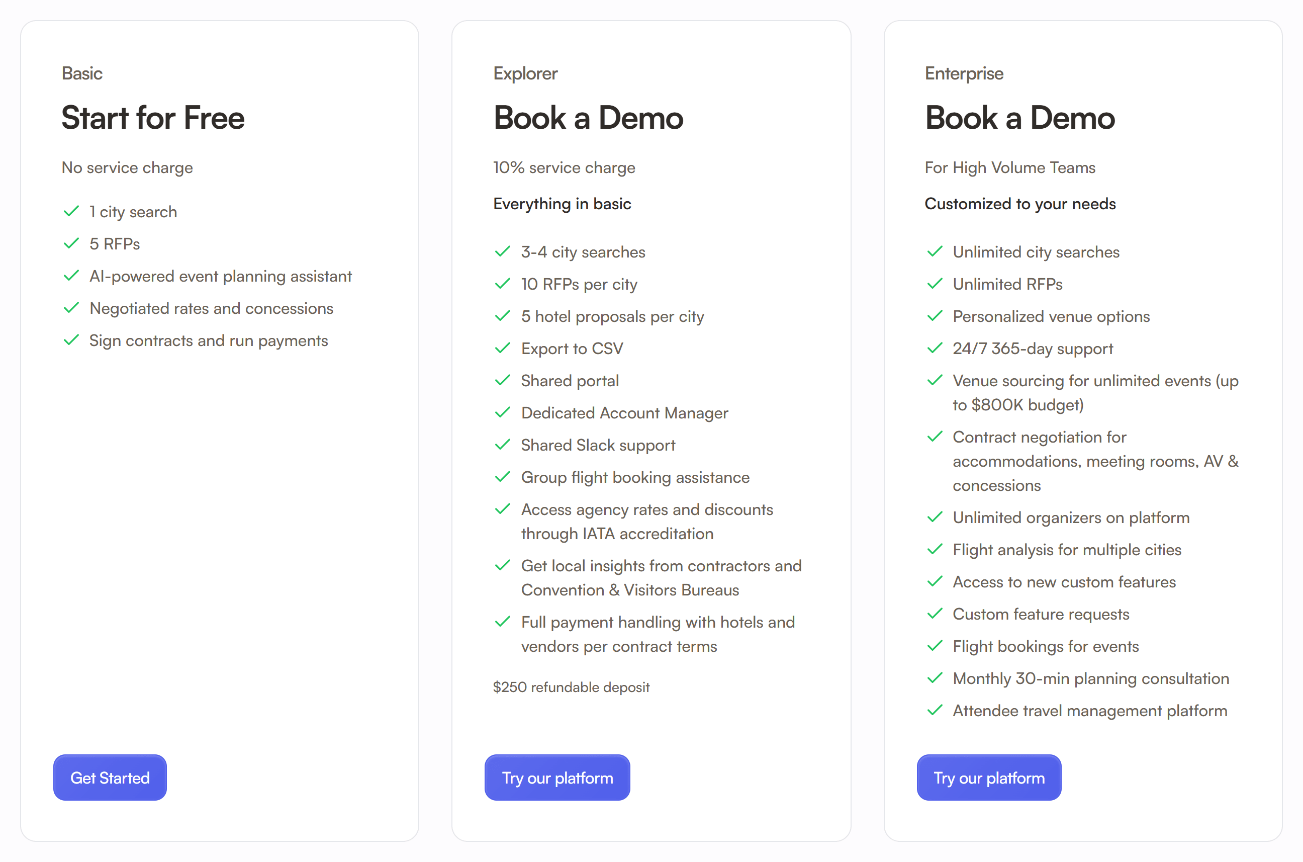The live plan cards: Start for Free, Book a Demo and Book a Demo, with their buttons under long feature lists