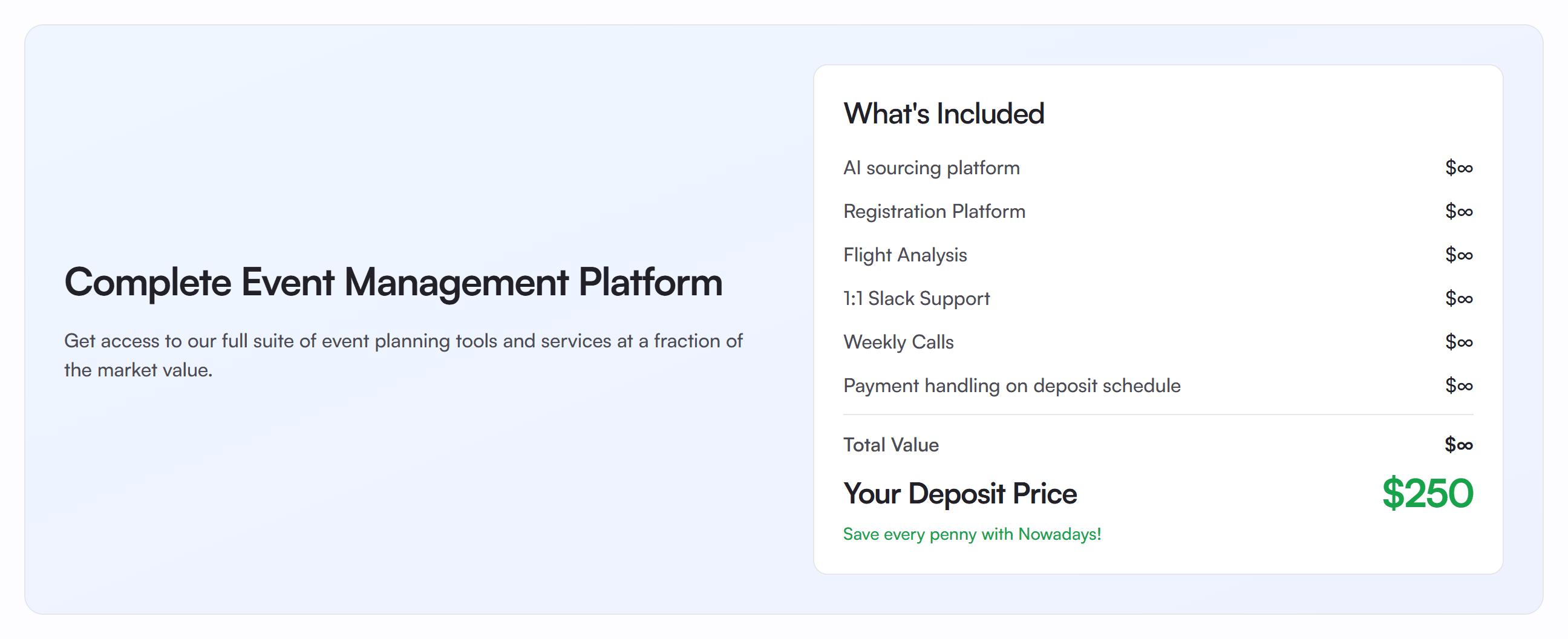 The live bundle block, listing six items at $∞ above a $250 deposit price