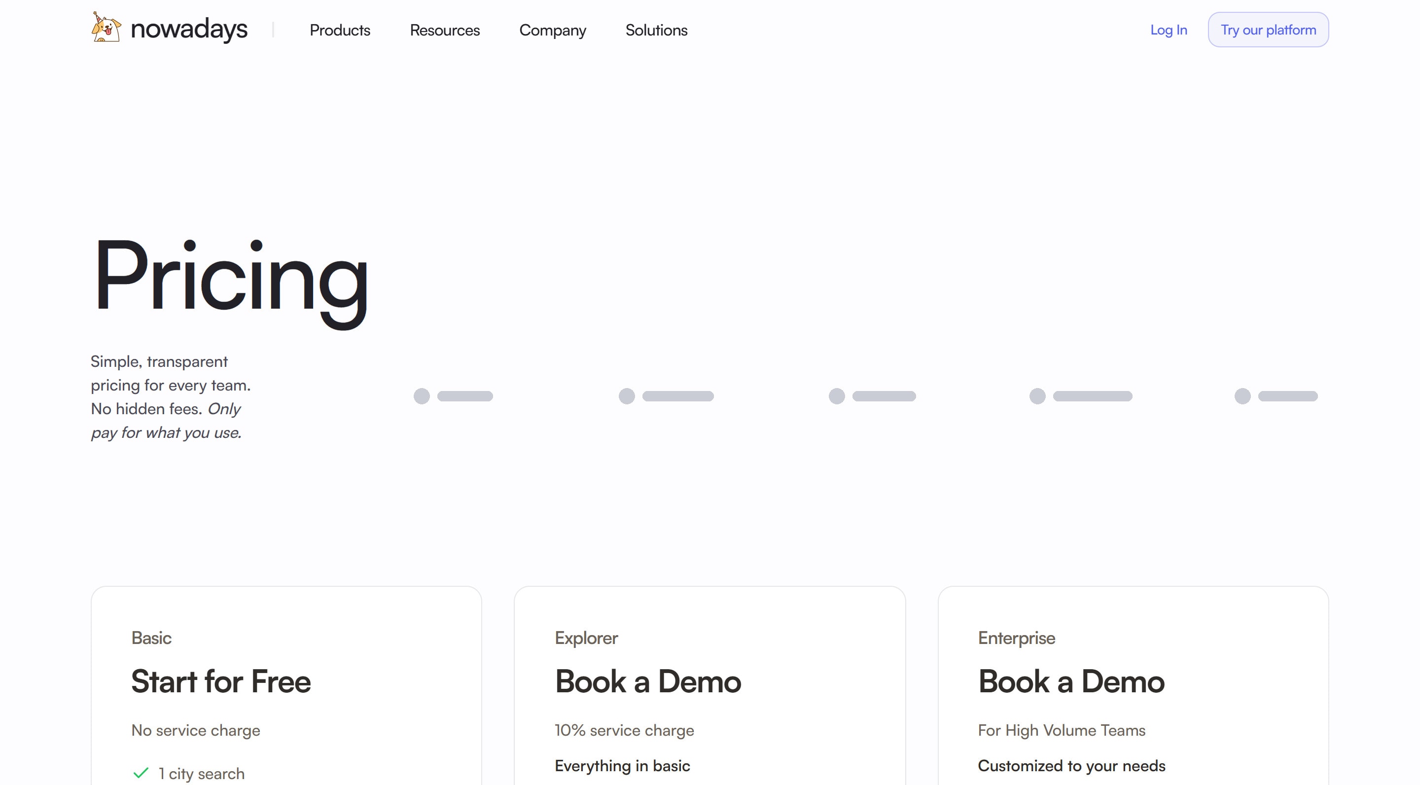 The top of the live Nowadays pricing page: the Pricing heading, a short tagline, and plan cards headed Start for Free and Book a Demo