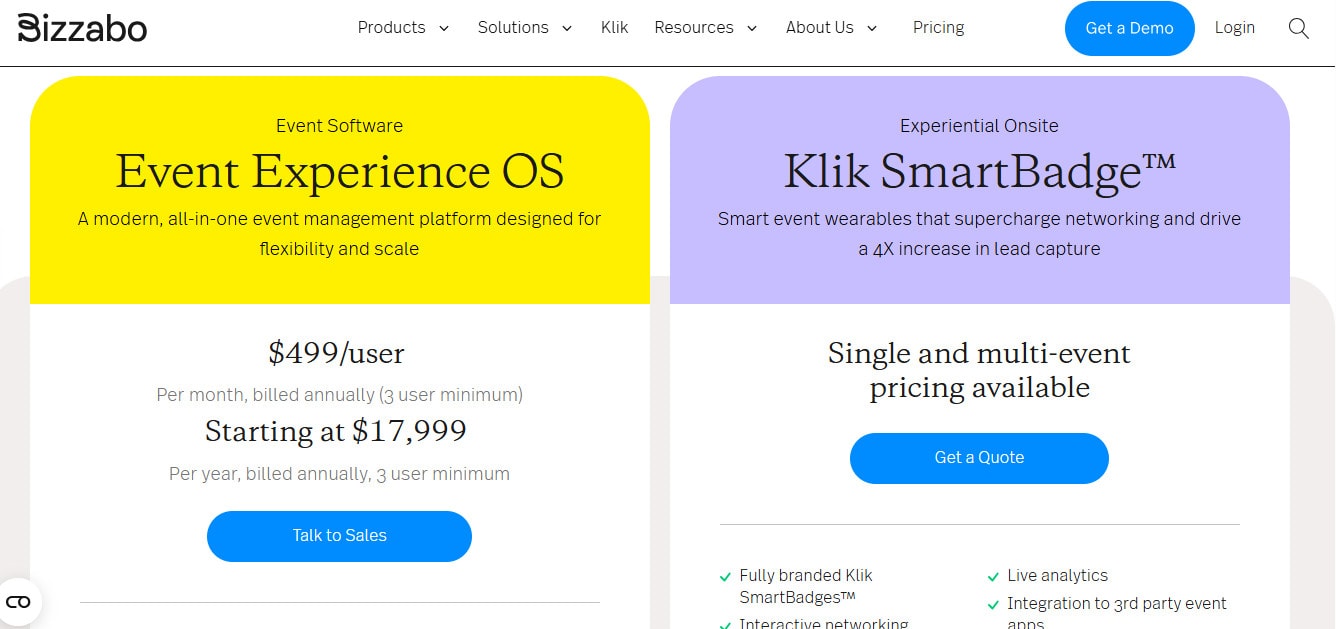 The Bizzabo pricing page, which shows a starting price