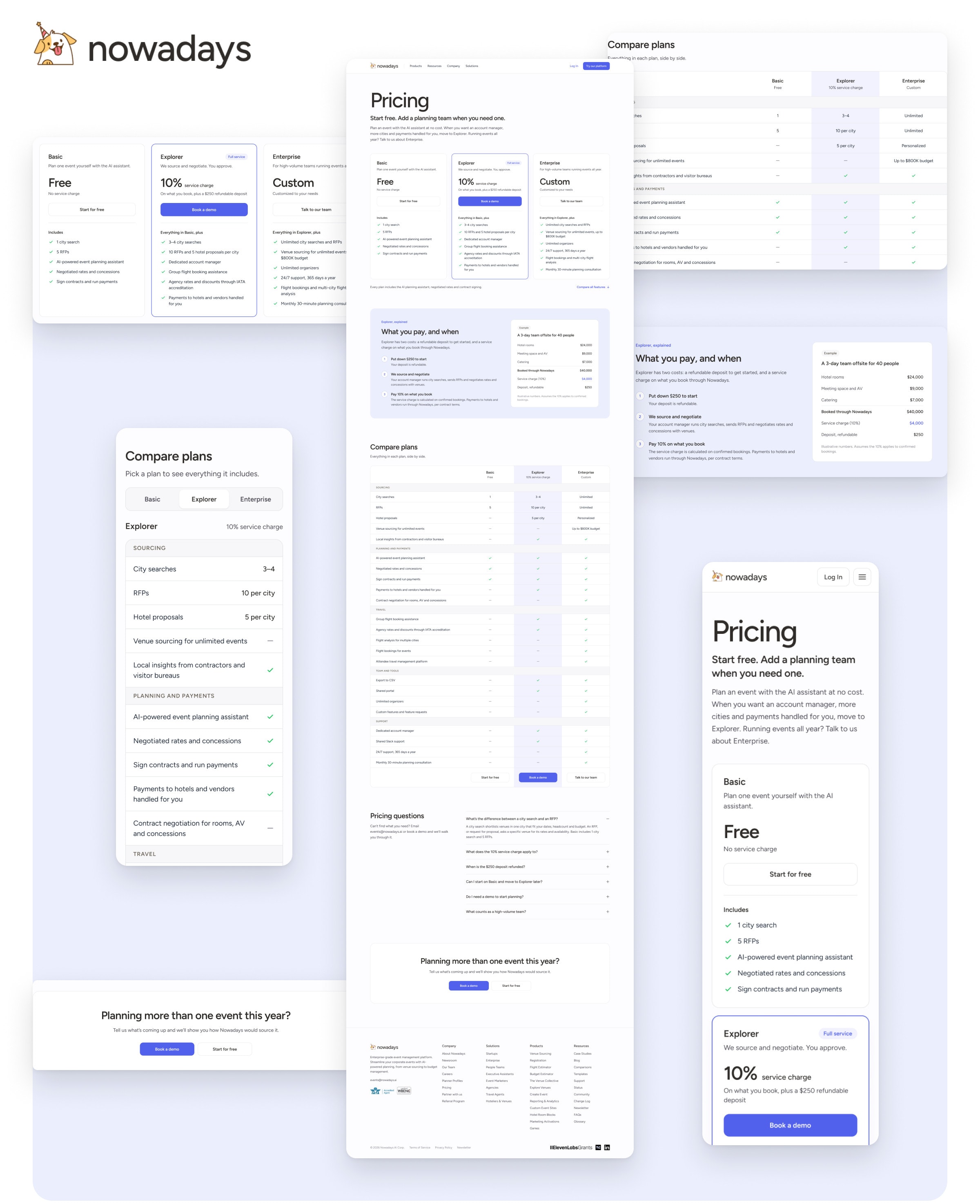 The redesigned pricing page in full beside lifted-out parts: the plan cards, the comparison table, the worked example, the closing card, and the page and comparison tabs on a phone