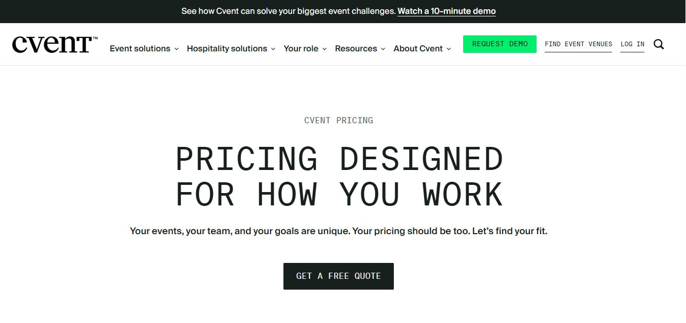 The Cvent pricing page, which asks for a quote instead of showing a price