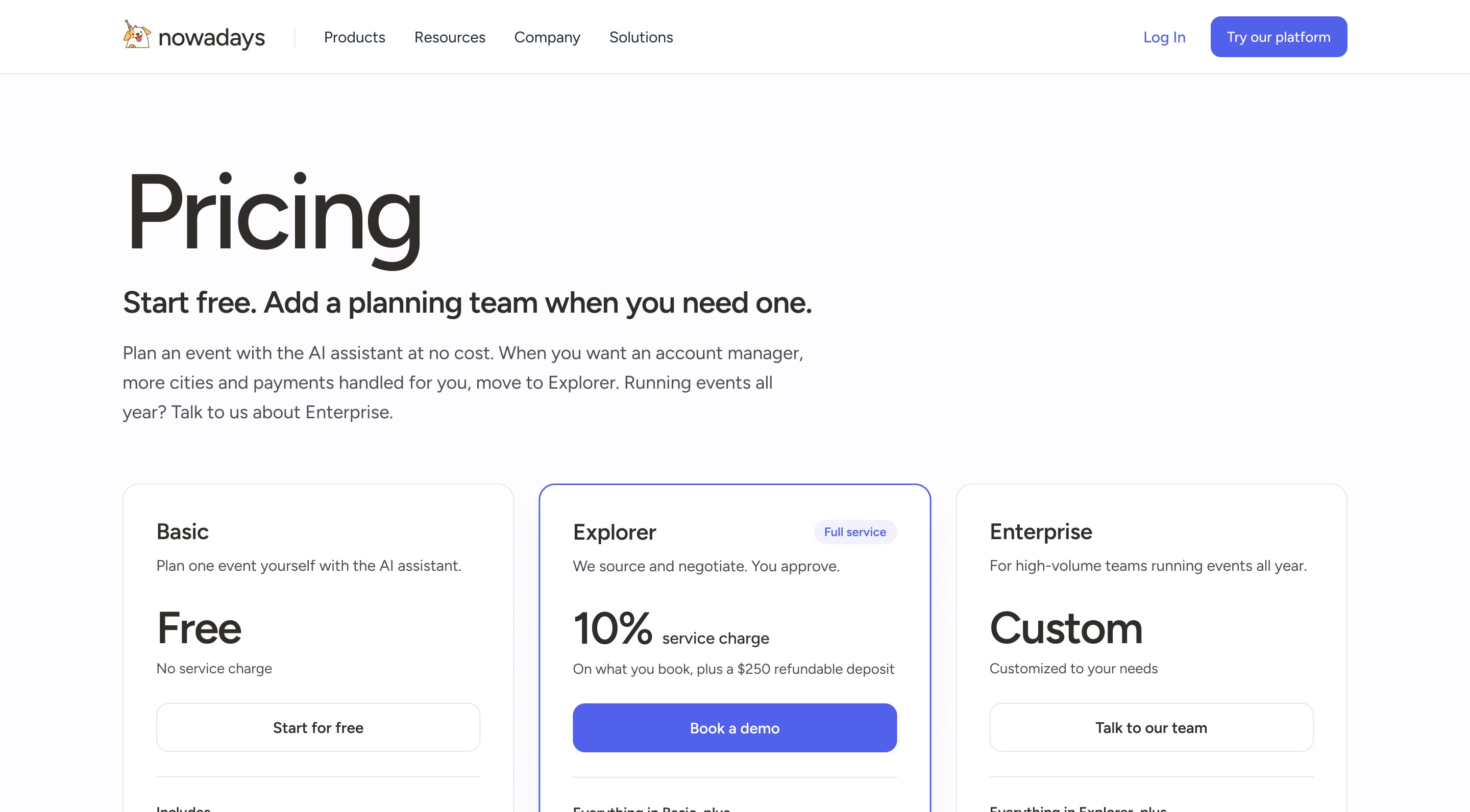 The top of the redesigned Nowadays pricing page: the Pricing heading, its subhead and plan cards named Basic, Explorer and Enterprise, each with one price line