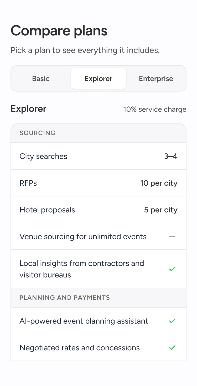 The comparison table on a phone as tabs for Basic, Explorer and Enterprise, with Explorer selected