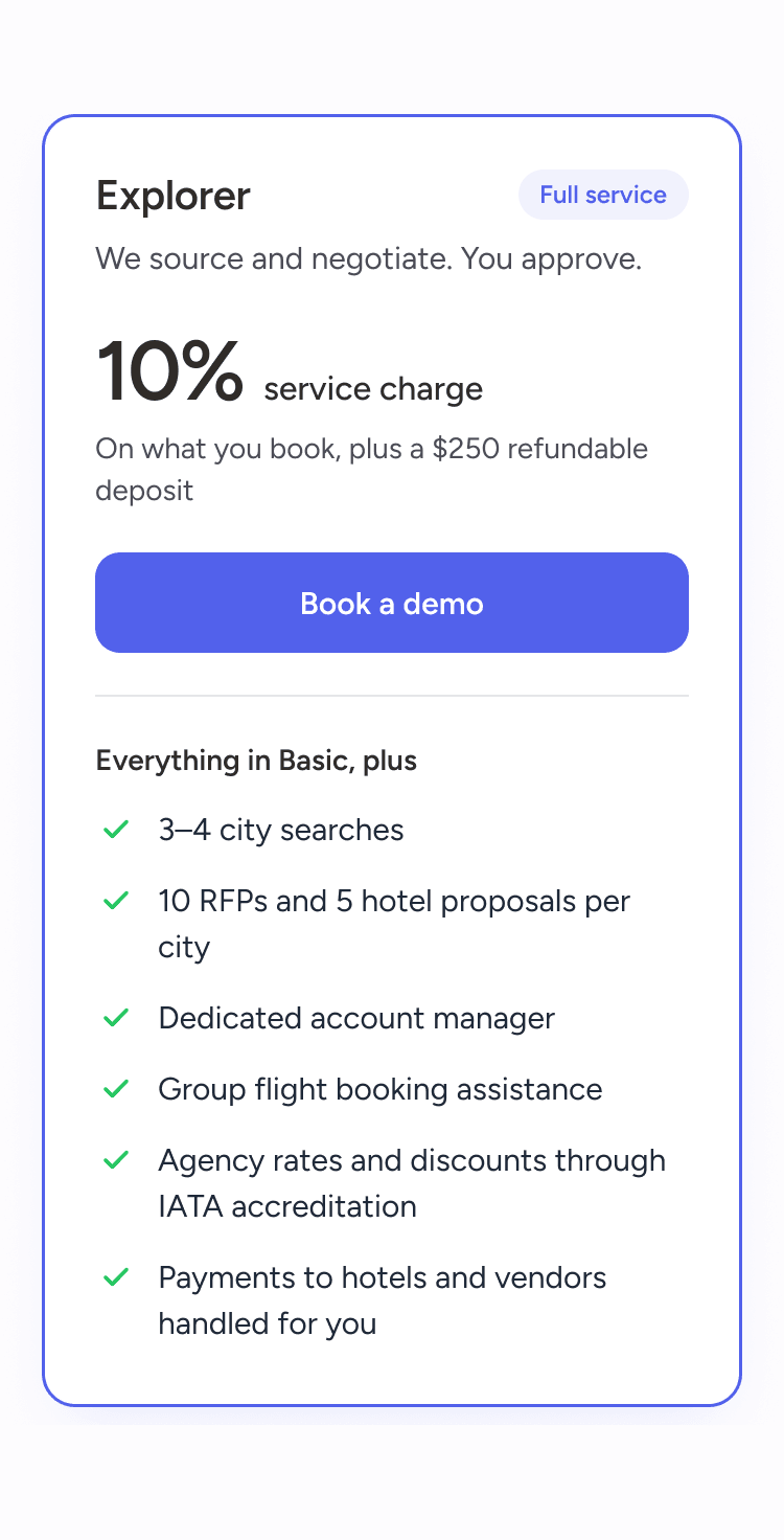 The redesigned Explorer card on a phone, with its price and Book a demo button above the features