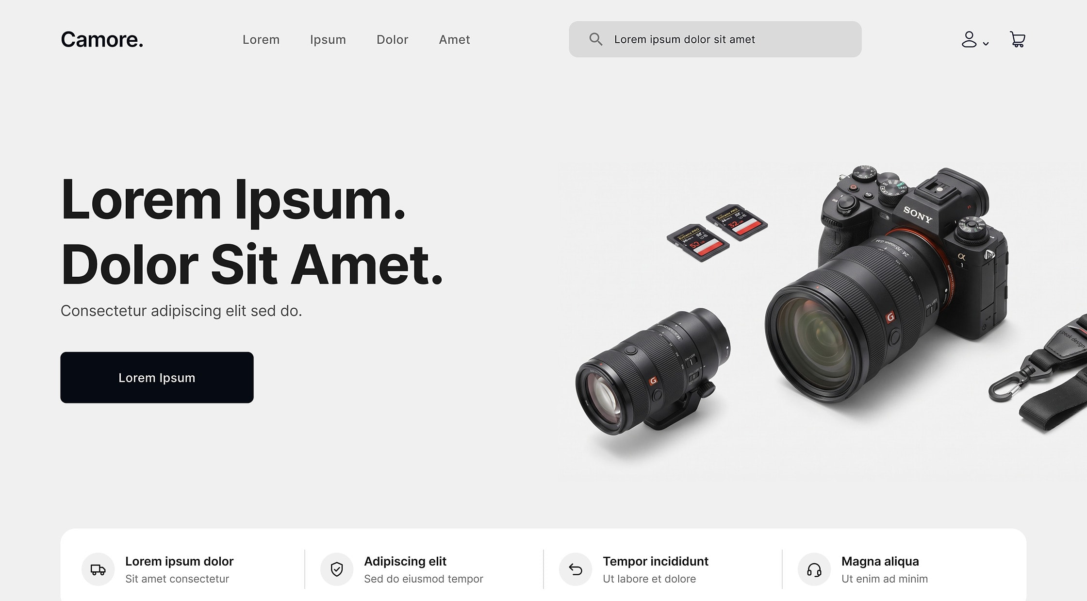 The Camore homepage hero with placeholder copy, “Lorem Ipsum. Dolor Sit Amet.”, beside cameras and lenses