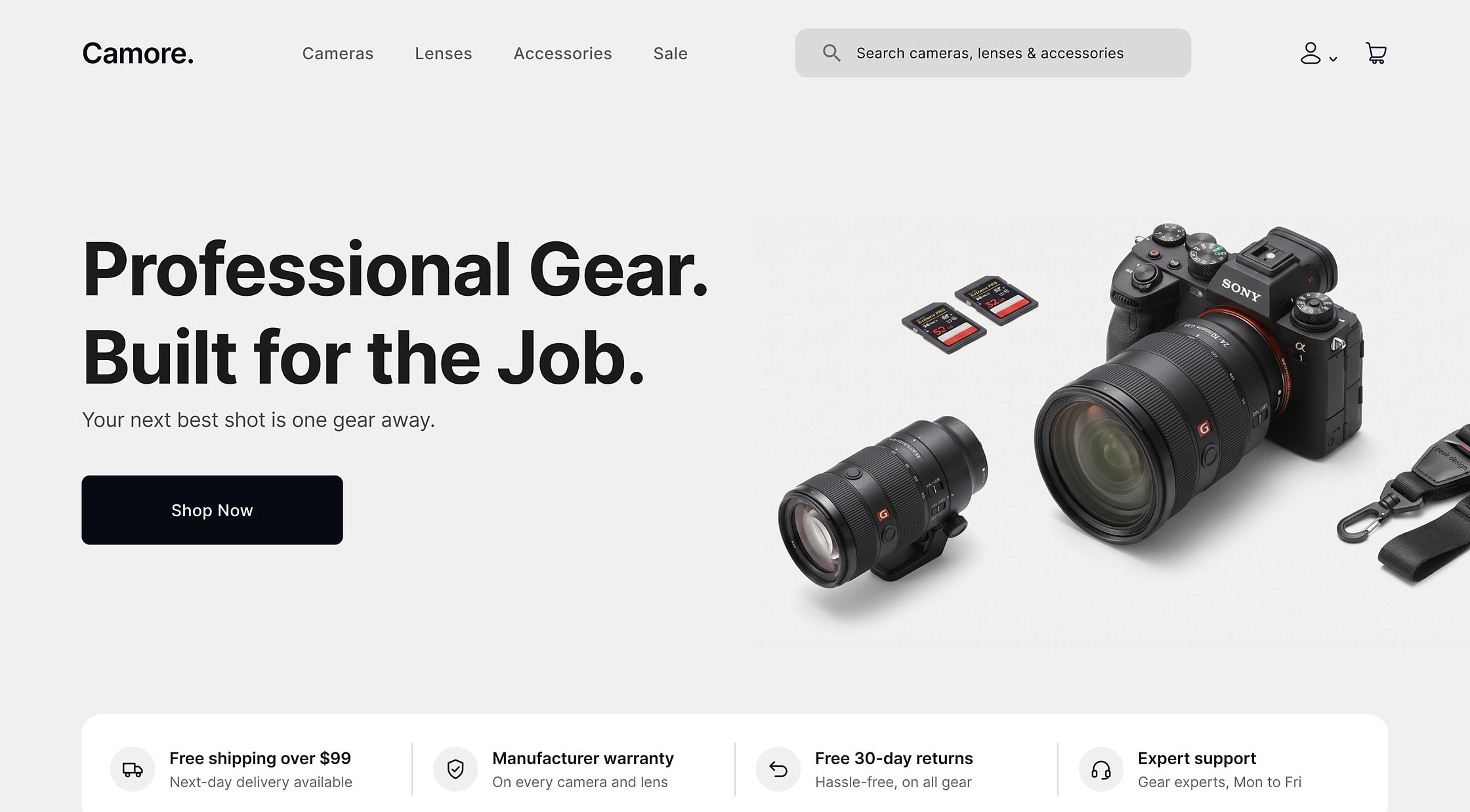 The same Camore hero with real copy: “Professional Gear. Built for the Job.”