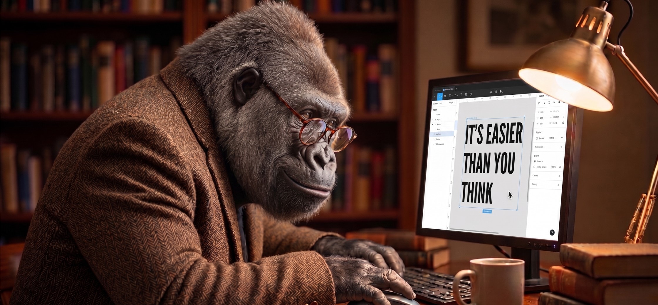 The same gorilla at the desk, now with “It’s easier than you think” on screen