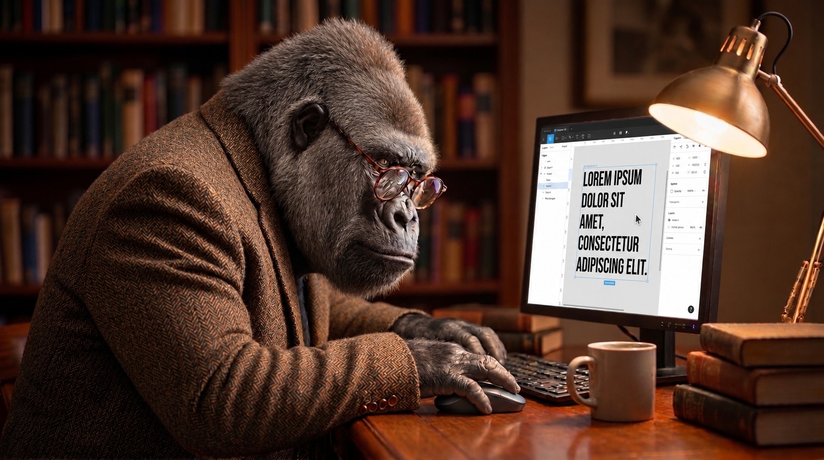A gorilla in glasses and a tweed jacket at a desk, typing lorem ipsum into a design on screen