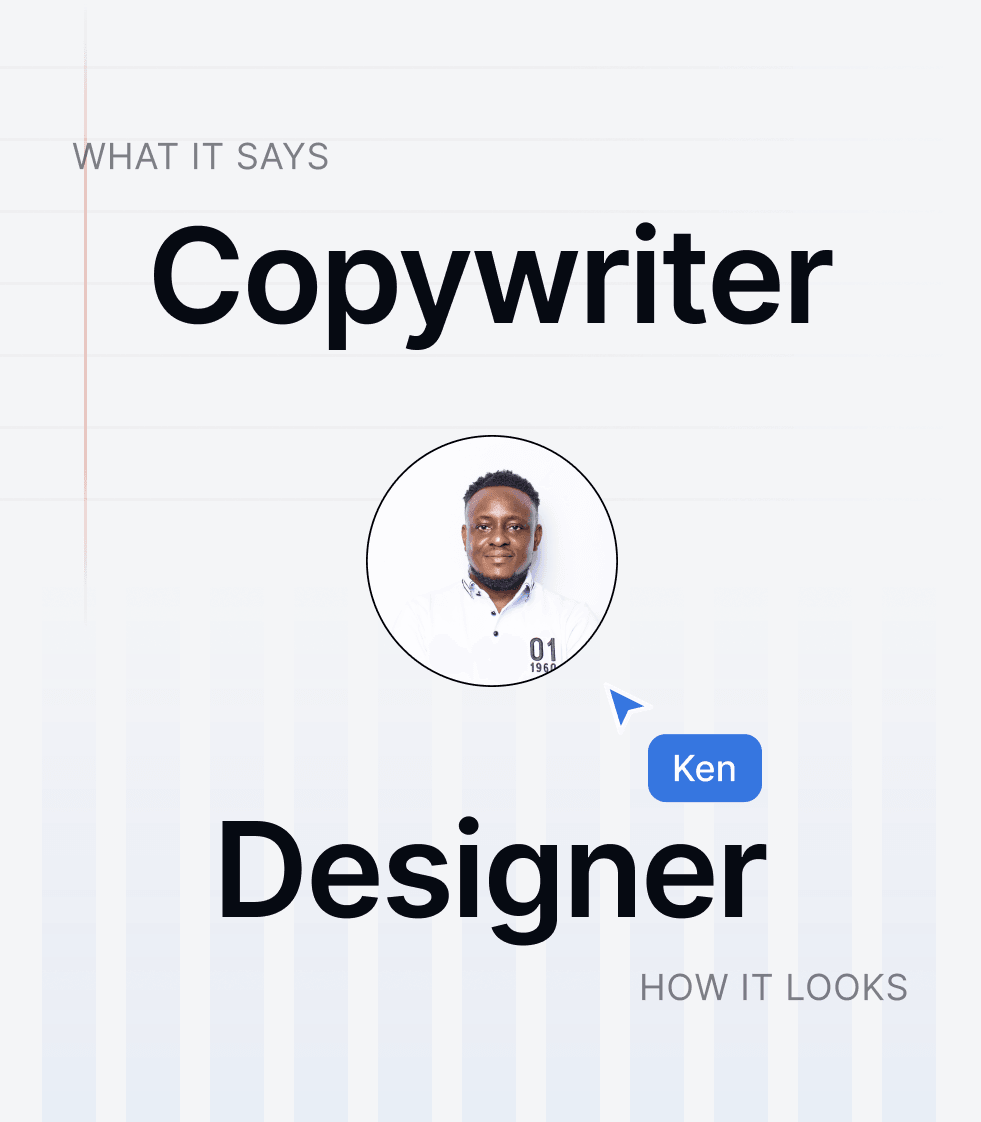 The words Copywriter and Designer with Ken’s portrait between them and his cursor beside it