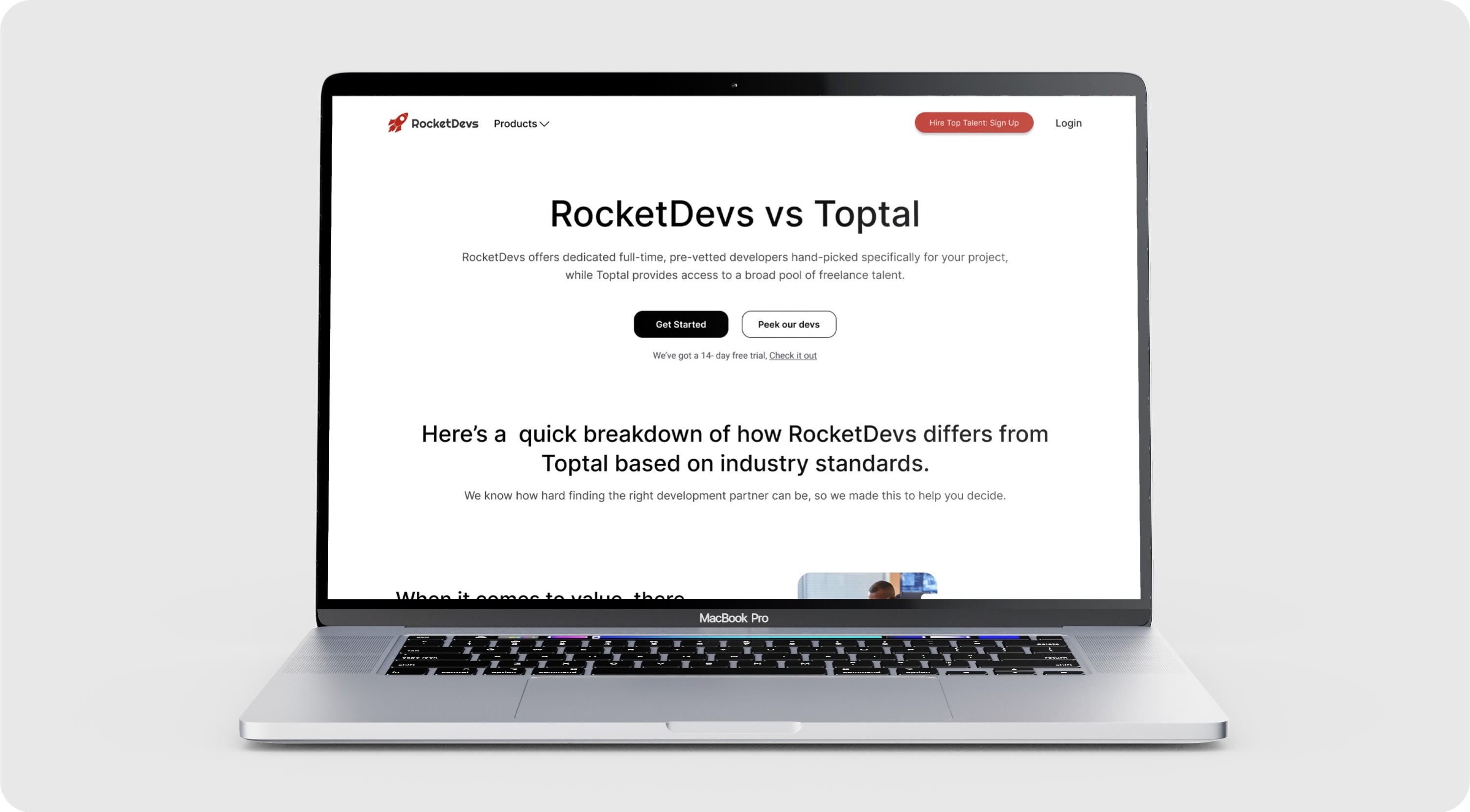 The RocketDevs vs Toptal page shown on a laptop
