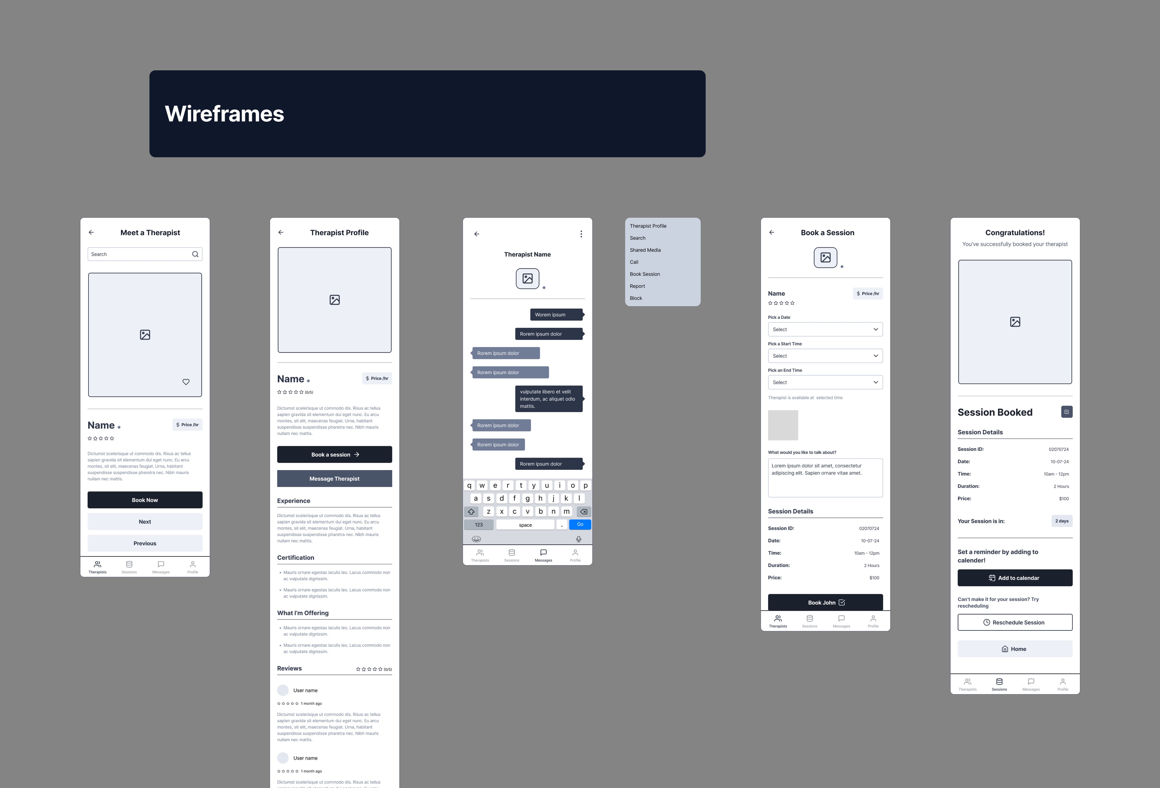 Low-fidelity wireframes for the therapy flows